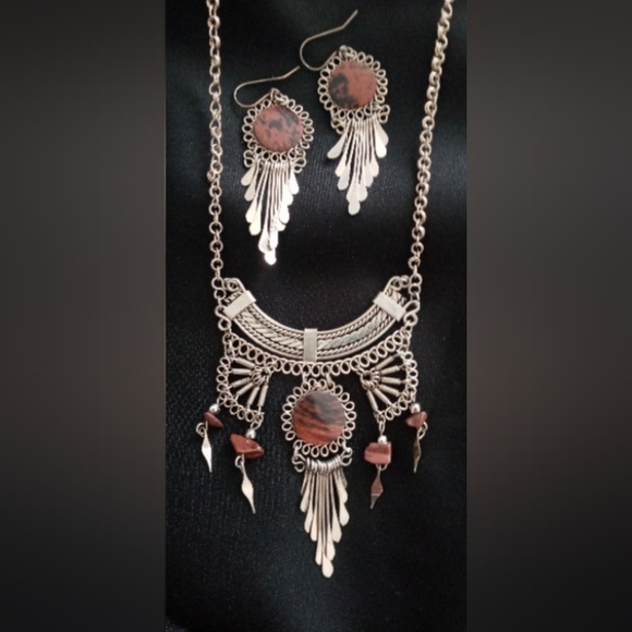 Bohemian Silver and Tiger Eye Necklace and Earring Set - Picture 6 of 6